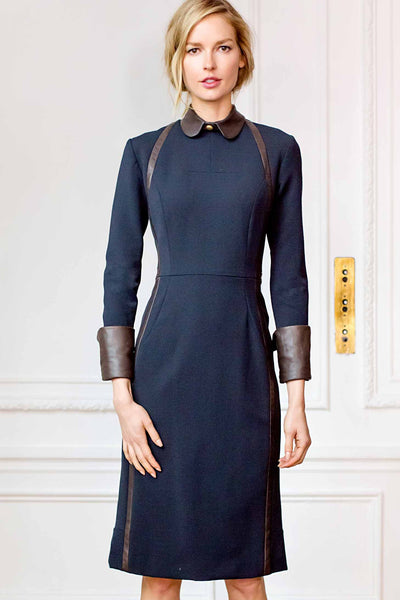 Jewel Neck Full Sleeve Fitted Sheath Dress with Leather Cuffs and Inse Isoude Jewel Neck Full Sleeve Fitted Sheath Dress with Leather Cuffs and Inse Isoude