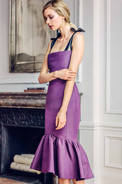 Tea Length Dress with Embroidered Strap and Bow Detail Isoude Tea Length Dress with Embroidered Strap and Bow Detail Isoude
