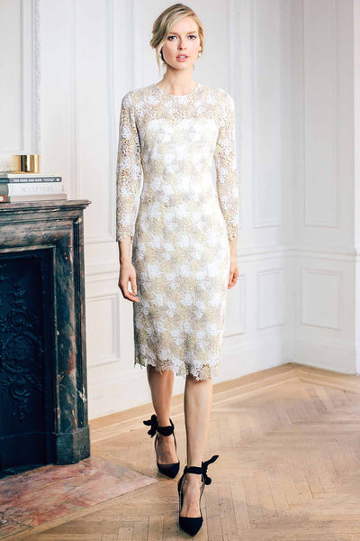 Jewel Neck Long Sleeve Dress with Strapless Underdress in Italian Guip Isoude Jewel Neck Long Sleeve Dress with Strapless Underdress in Italian Guip Isoude