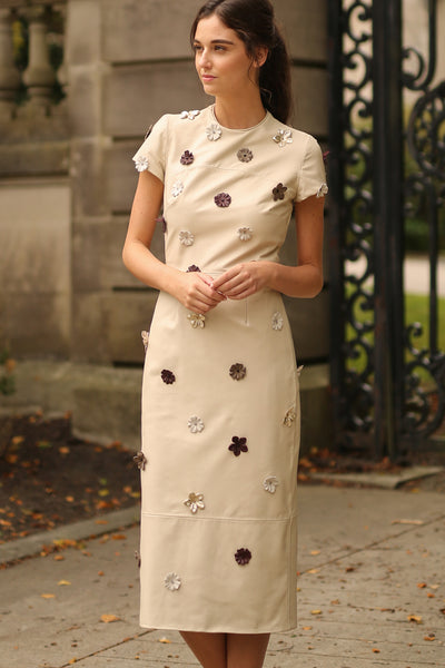 Tailored Sheath Dress with Leather Floral Applique Isoude Tailored Sheath Dress with Leather Floral Applique Isoude