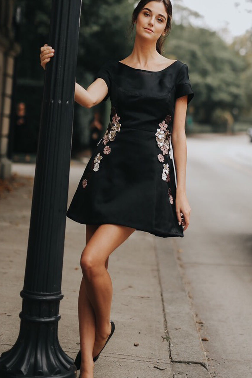 Leather Floral Applique Cocktail Dress with Cap Sleeve