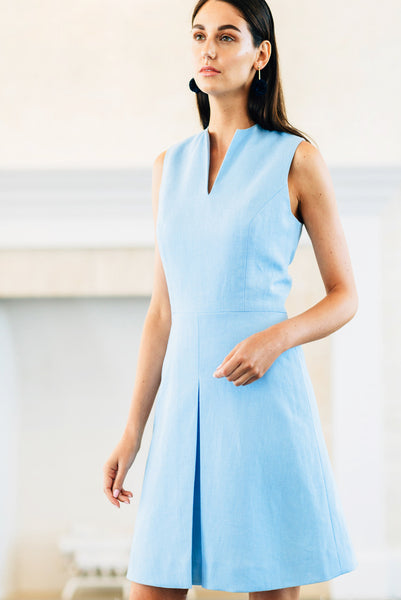 Sleeveless Inverted Pleat Dress with Narrow V Neck