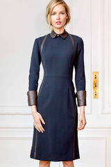 Jewel Neck Full Sleeve Fitted Sheath Dress with Leather Cuffs and Insert Detail