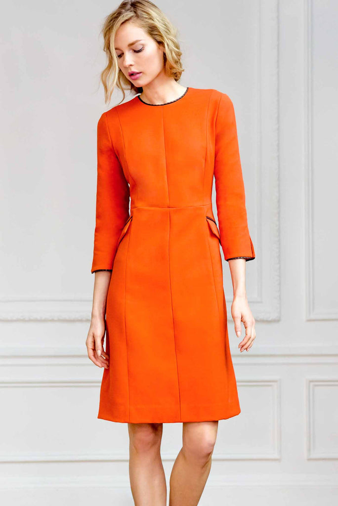 Jewel Neck Bracelet Length Sleeve A Line Dress with Flap Pockets and S Isoude Jewel Neck Bracelet Length Sleeve A Line Dress with Flap Pockets and S Isoude