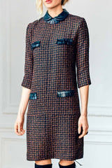 Jewel Neck Collar Shift Dress with Bracelet Length Sleeve and Leather Fringe Detail