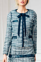 Raw Edged Tweed Jacket with Full Length Sleeve with Italian Techno Stretch Wool Paneling and Leather Fringe Detail