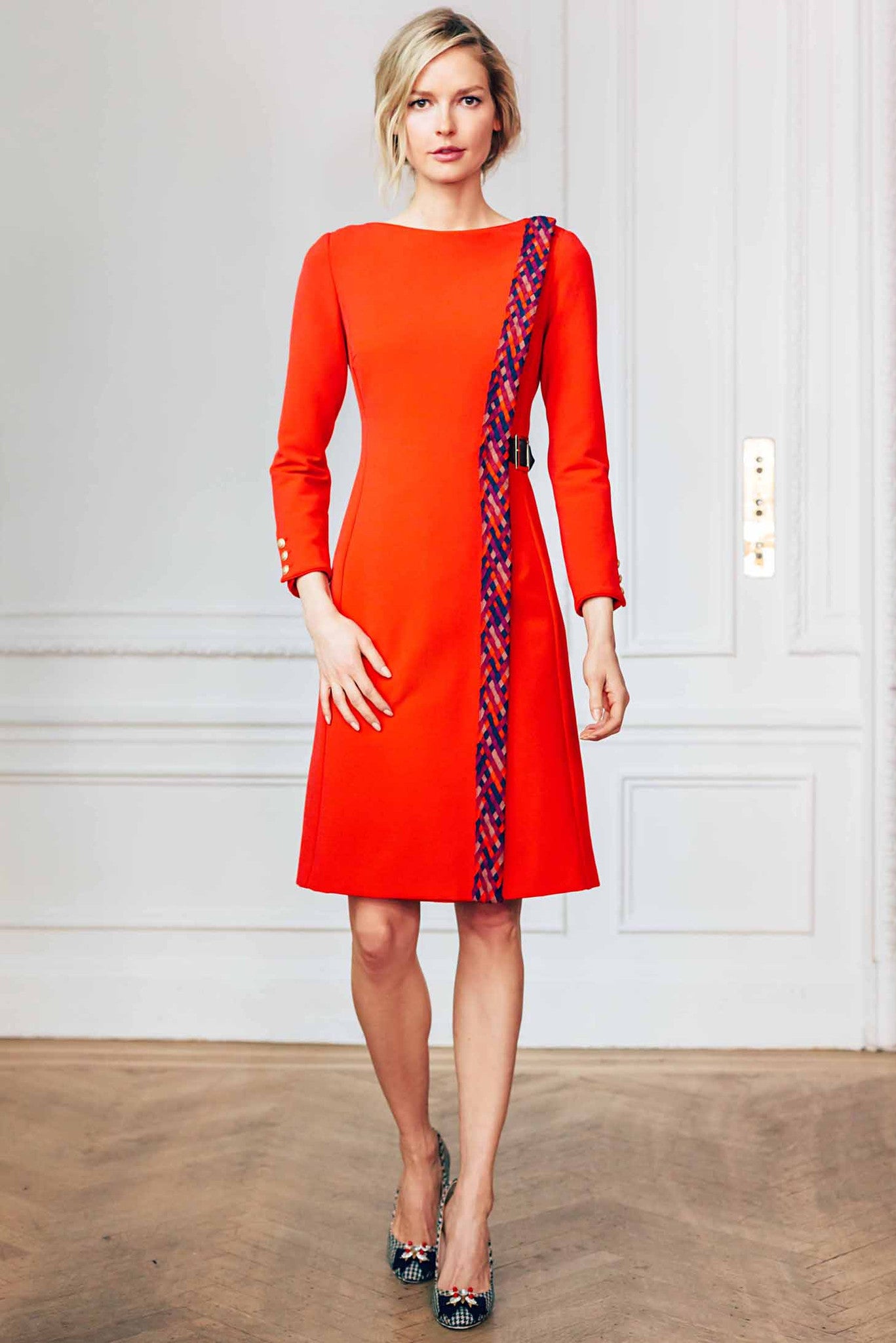 Bateau Neck Bracelet length Sleeve Dress With Woven Trim and Leather Side Buckle Closure