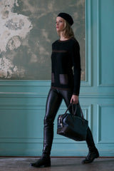 Two Tone Cashmere Sweater with Leather Hip Pocket Detail