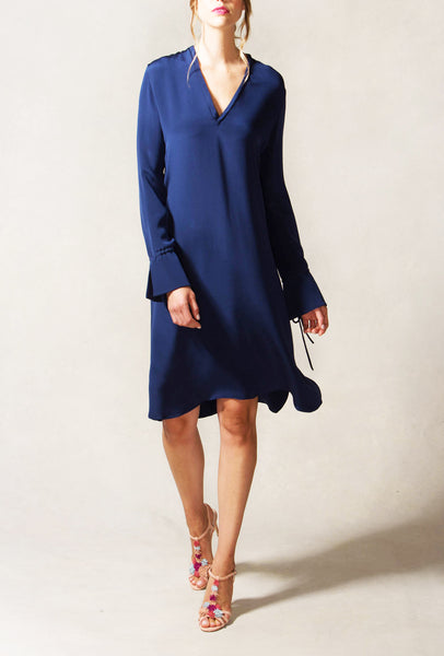 V Neck Shift Dress with Open Cuff Detail