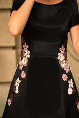 Leather Floral Applique Cocktail Dress with Cap Sleeve