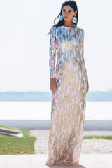 Long Sleeve Gown with Slit Detail in Klimt Inspired Sequin