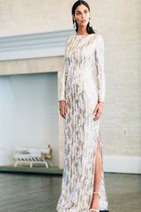 Long Sleeve Gown with Slit Detail in Klimt Inspired Sequin