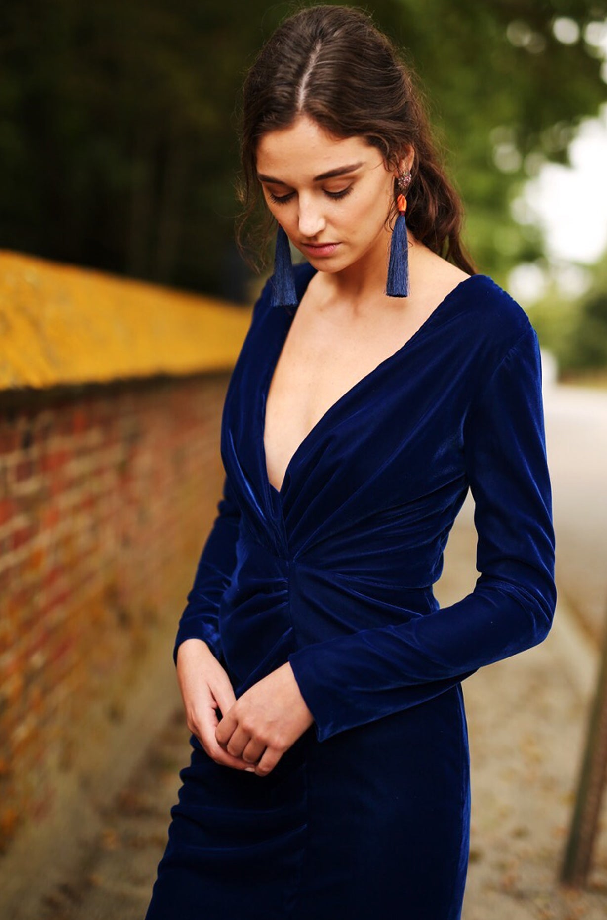 Low V Neck Gown with Long Sleeve and Handtuck Detail