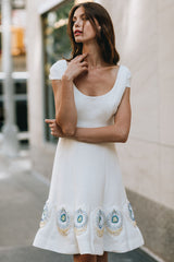 Multi Seam Scoop Neck Dress with Cap Sleeve with Bottom Ruffle Custom Embroidery