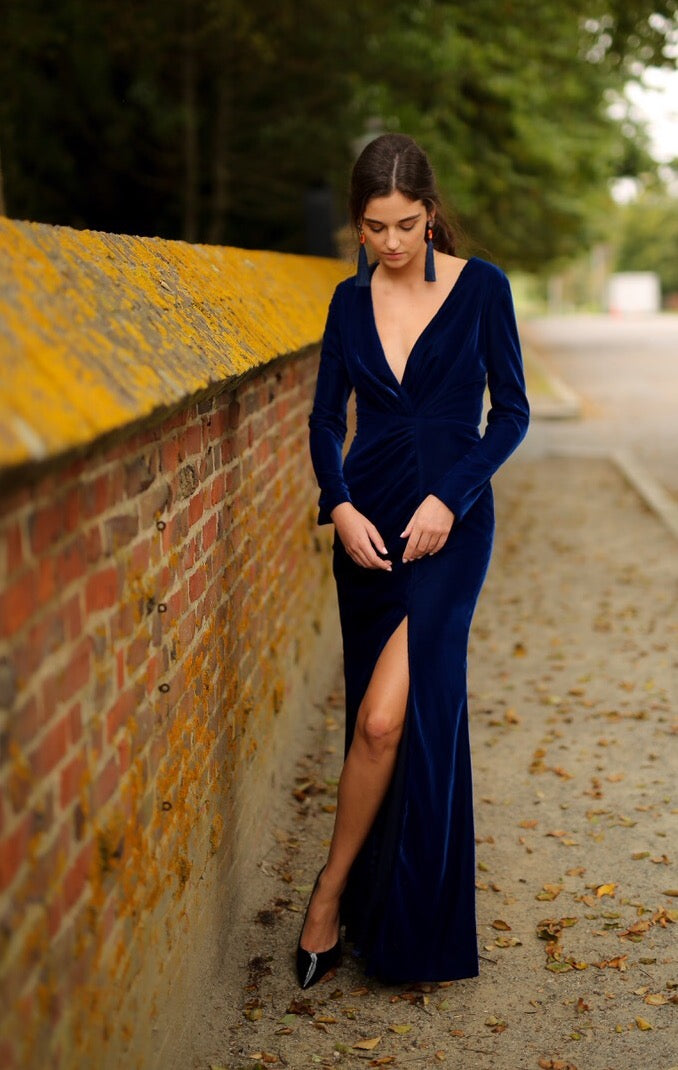 Low V Neck Gown with Long Sleeve and Handtuck Detail
