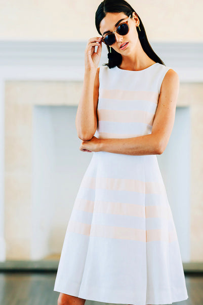 Seam Stripe Pleat Dress with Pockets