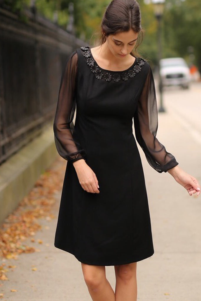 Sheer Bishop Sleeve Cocktail Dress with Leather Floral Applique Neckli Isoude Sheer Bishop Sleeve Cocktail Dress with Leather Floral Applique Neckli Isoude