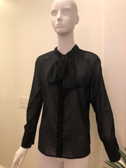 Tie Blouse with Raglan Sleeve in Swiss Dot